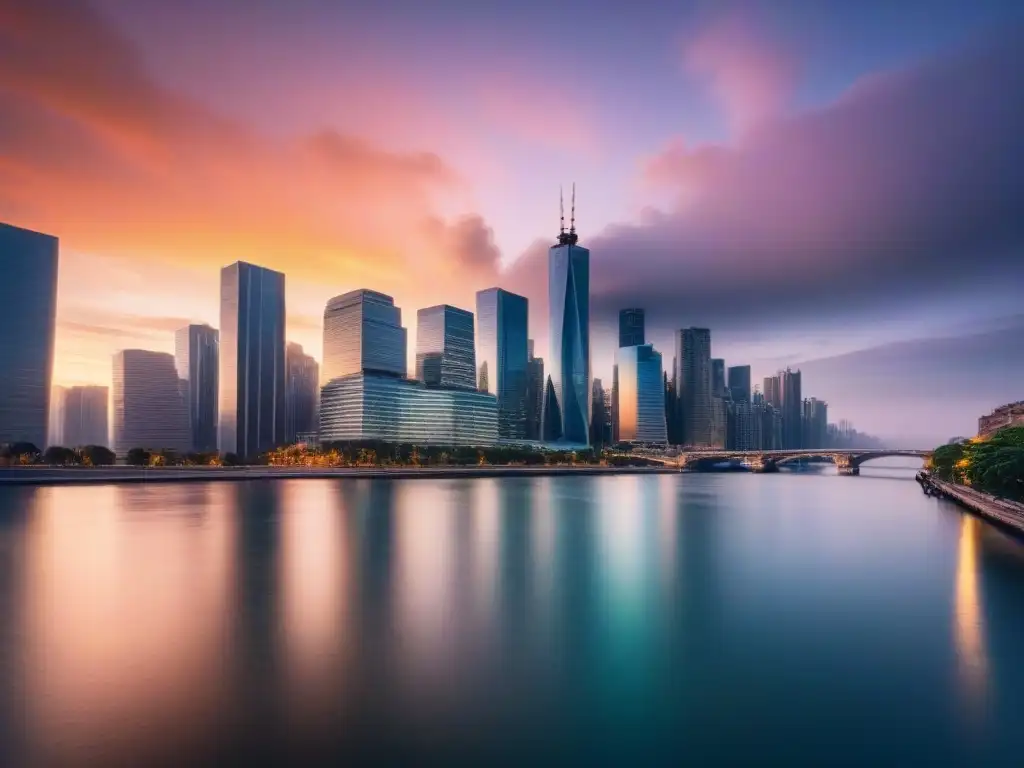 Horizonte urbano al atardecer: evolución y resiliencia post-crisis El reflejo de los rascacielos en el río, simbolizando la evolución del financiamiento inmobiliario post crisis 2008