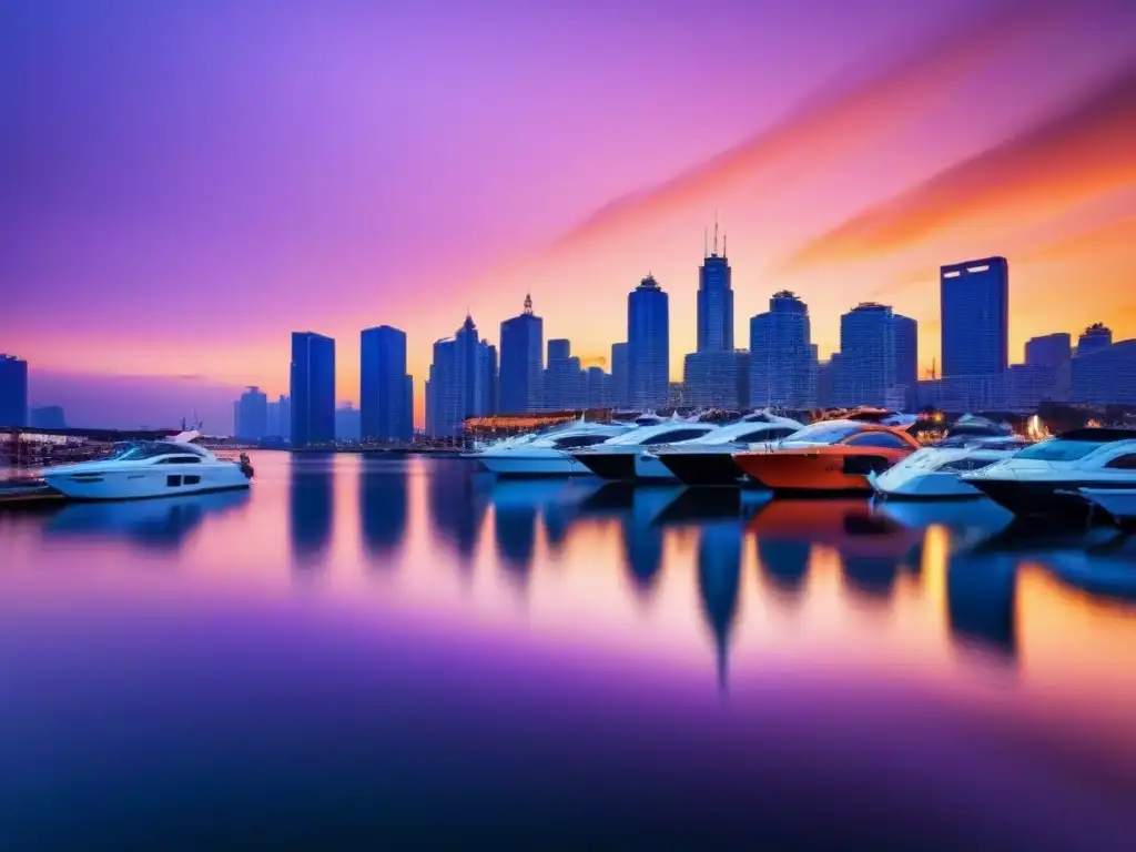Horizonte urbano moderno al atardecer: ciudad dinámica en crecimiento Reflejos de rascacielos iluminados en un atardecer púrpura y naranja sobre un río, destacando un paisaje urbano en crecimiento