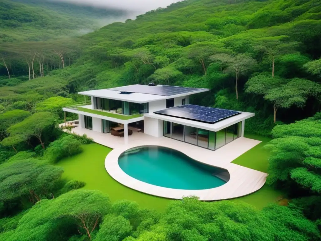 Propiedad vacacional ecofriendly en bosque exuberante Un refugio ecoamigable en el bosque con paneles solares, ventanales y piscina natural