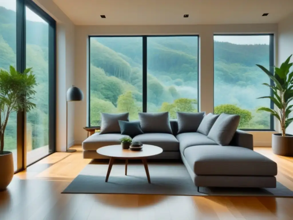 Salón moderno con ventana panorámica y vista a bosque verde Un refugio moderno y elegante en la segunda vivienda, con vista panorámica a un bosque verde exuberante