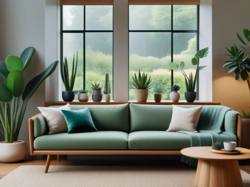 Salón moderno y sereno: oasis de tranquilidad y armonía Un refugio de paz y armonía en un hogar moderno y minimalista, con vista a un jardín verde y libros de bienestar