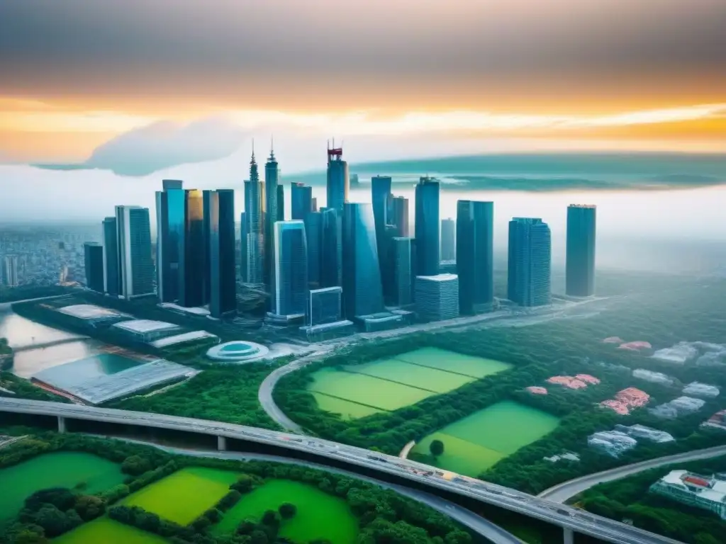 Metrópolis en crecimiento: oportunidades de inversión inmobiliaria Regiones con potencial valorización inmobiliaria: Imagen aérea vibrante de una ciudad moderna y próspera con rascacielos y áreas verdes