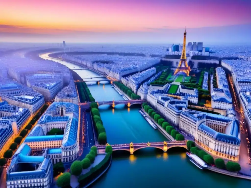 París al atardecer: vista aérea de la ciudad de las luces Regulaciones financiamiento inmobiliario Francia: París al atardecer, vista aérea de la Torre Eiffel, Notre Dame y el Louvre