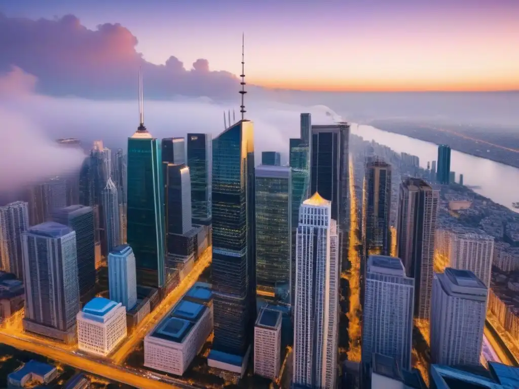 Horizonte urbano: evolución dinámica en crowdfunding inmobiliario Regulaciones financieras colectivas en un paisaje urbano evolutivo con rascacielos futuristas y edificios históricos