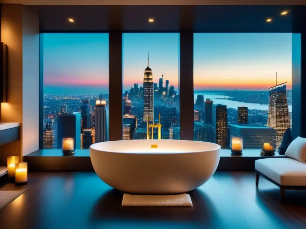 Baño de lujo con bañera de mármol y grifería dorada en propiedad exclusiva Relajante baño de lujo con bañera de mármol y grifería dorada, toallas mullidas, velas y vista a la ciudad