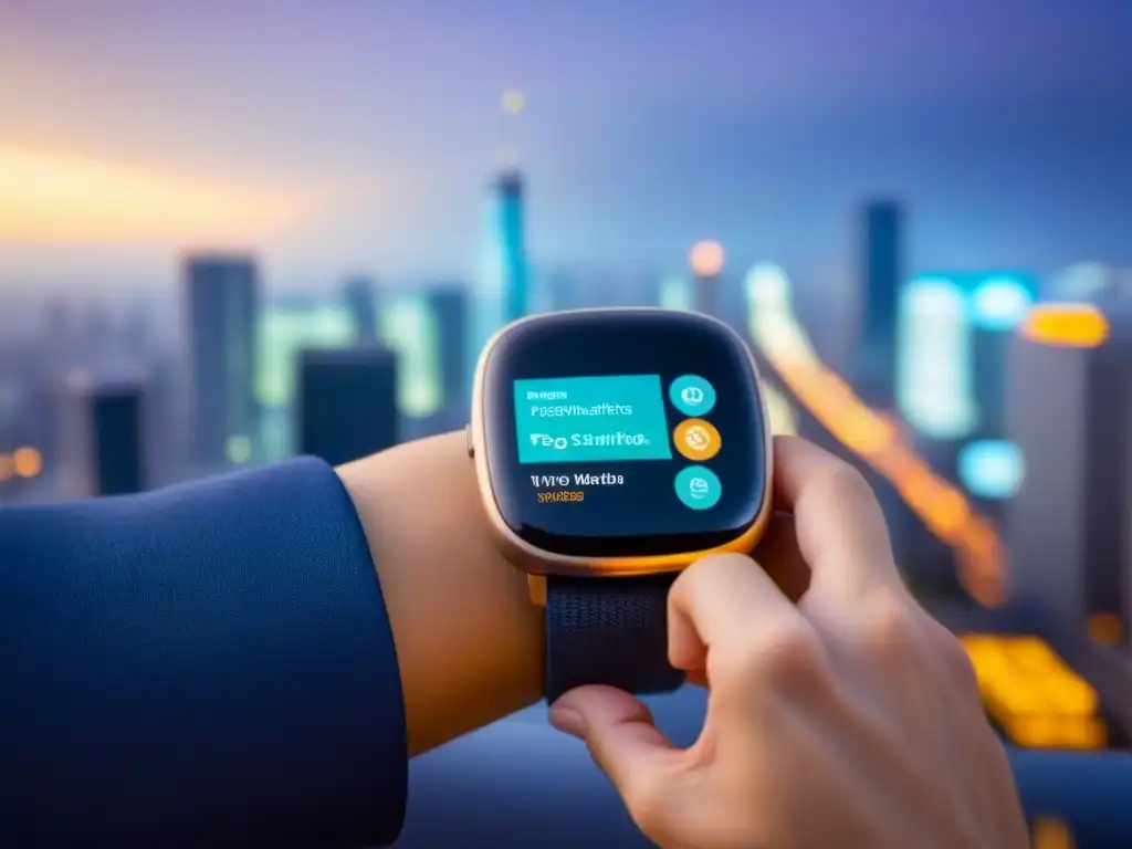 Smartwatch futurista muestra propiedades en tiempo real en la ciudad Reloj inteligente futurista muestra listados inmobiliarios en tiempo real, con gráficos detallados, en una ciudad moderna