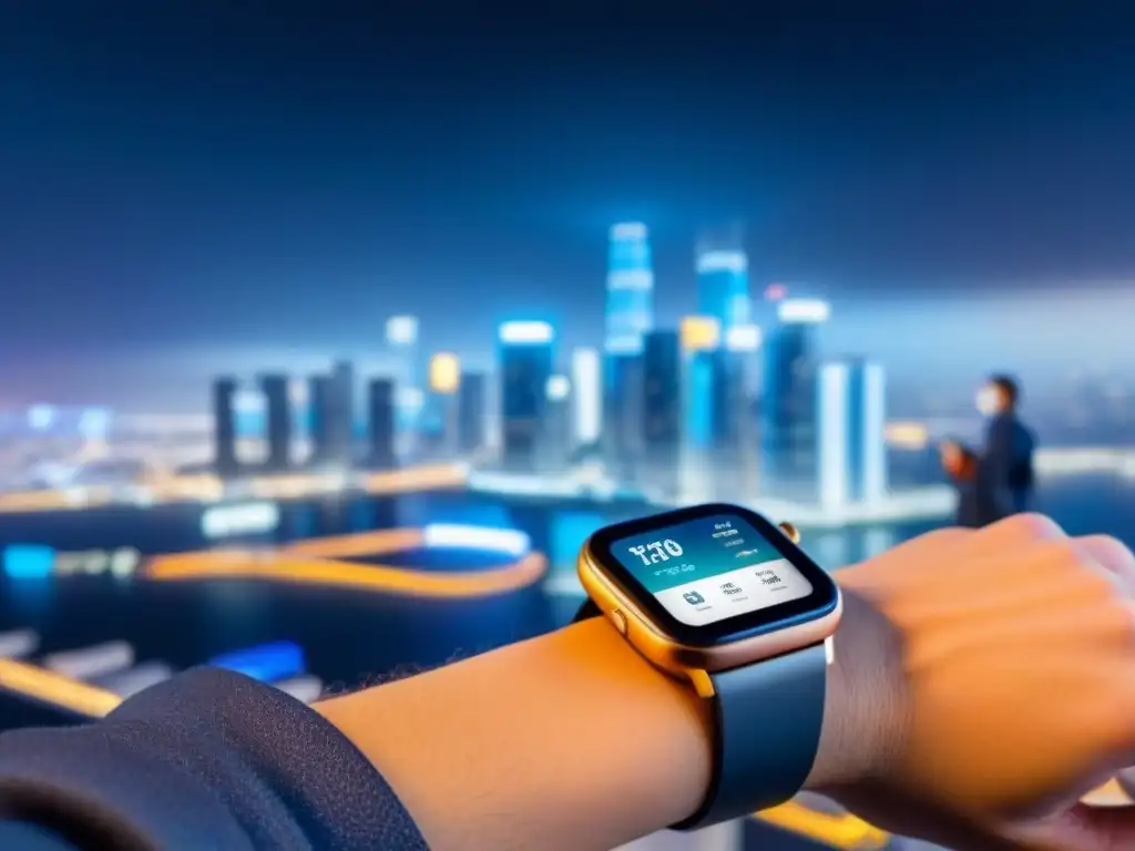Smartwatch futurista con plano de casa digital y gadgets tecnológicos Un reloj inteligente futurista muestra un plano digital de una casa moderna entre gadgets tecnológicos, con un icono de seguridad