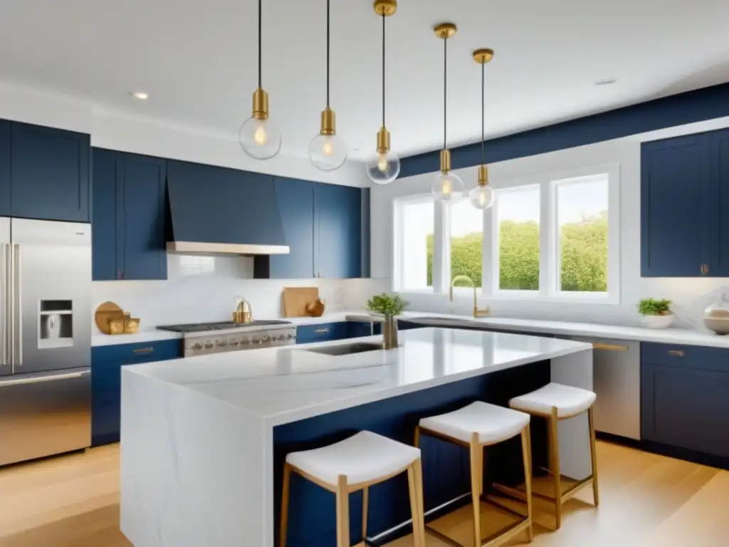 Renovación de cocina moderna: lujo y funcionalidad en cada detalle Una renovación de cocina moderna y elegante con electrodomésticos de acero inoxidable de alta gama, encimeras de mármol y una isla grande con iluminación colgante elegante