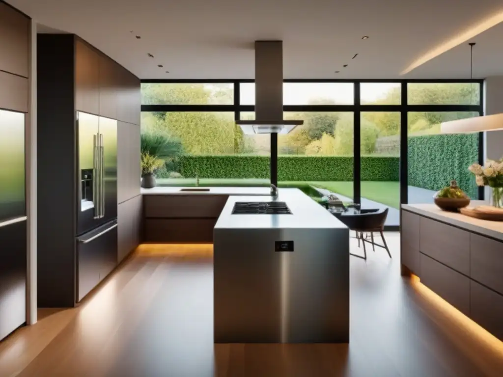 Renovación de cocina moderna y funcional con vistas al jardín Una renovación de cocina moderna y elegante con isla espaciosa y electrodomésticos de acero inoxidable