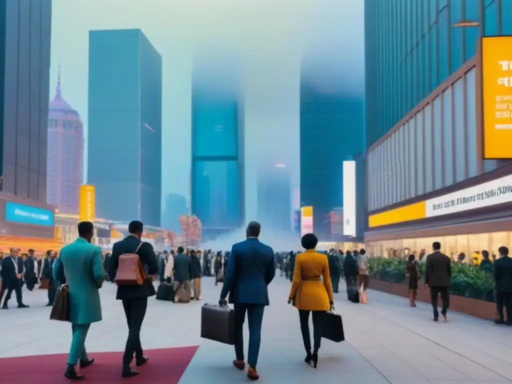 Horizonte urbano moderno al atardecer: progreso y diversidad en la ciudad Rentabilidad financiera en una ciudad moderna al anochecer, con rascacielos iluminados y una calle con gente caminando con laptops y maletines