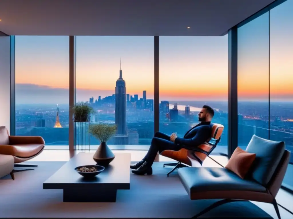 Penthouse de lujo con vista a la ciudad al atardecer Rentabilidad inversión vivienda lujo: lujoso ático con diseño moderno y elegante, terraza con vistas a la ciudad al atardecer