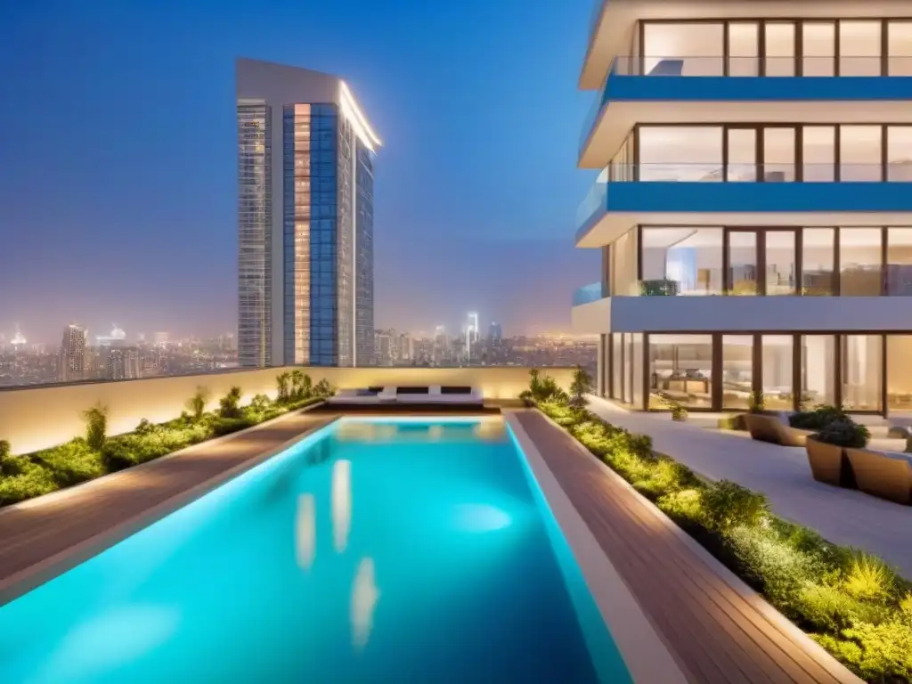 Edificio de lujo con jardín en la azotea Rentabilidad de propiedades con herramientas digitales: lujoso edificio moderno con piscina en la azotea y jardín urbano iluminado de noche