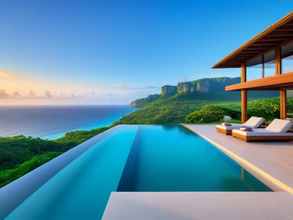 Propiedad de lujo con vista al mar: vacaciones modernas en paraíso turquesa Rentabilidad en propiedades vacacionales innovadoras: Exclusiva propiedad con piscina infinita y vista al mar turquesa al atardecer