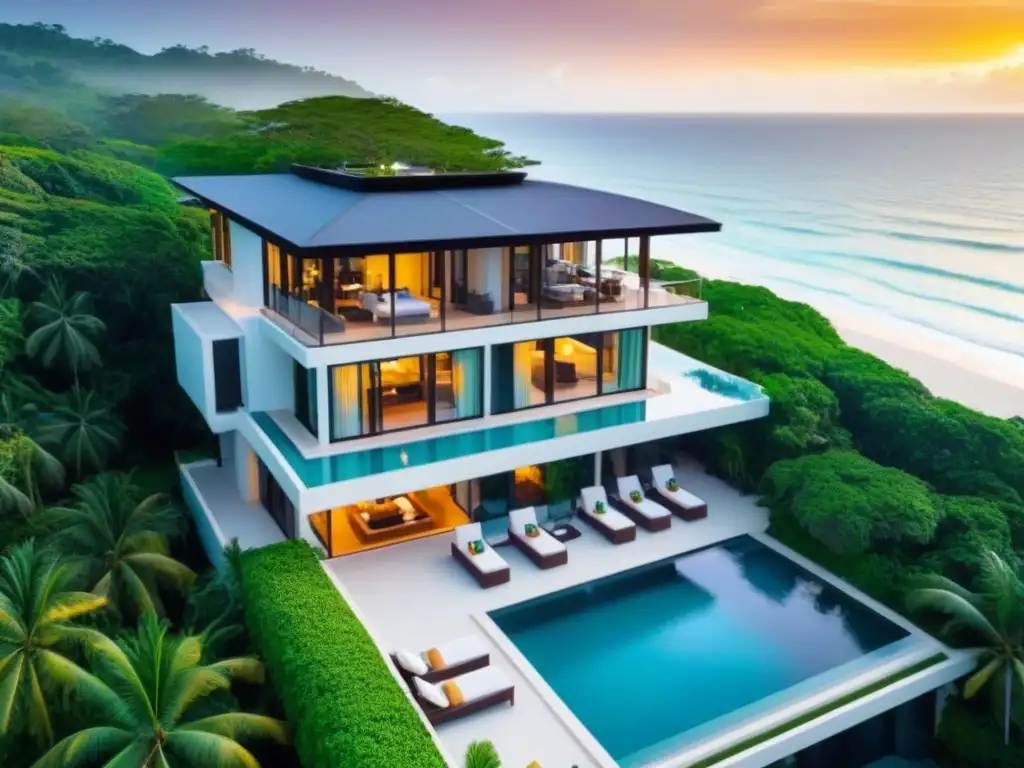 Villa de lujo frente al mar con piscina infinita privada Rentas vacacionales de lujo: Exclusiva propiedad de lujo con piscina infinita privada en la playa al atardecer