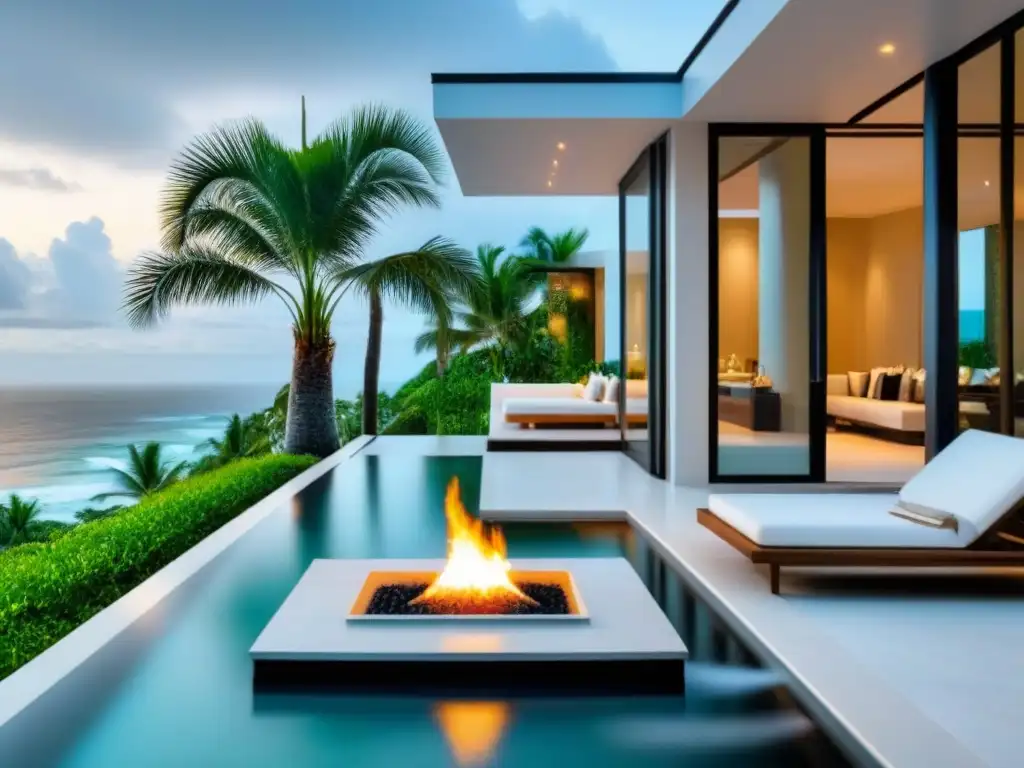 Villa de lujo con piscina infinita y vistas al mar Rentas vacacionales de lujo: Villa moderna con piscina infinita, vistas al mar, palmeras tropicales y área de descanso al aire libre