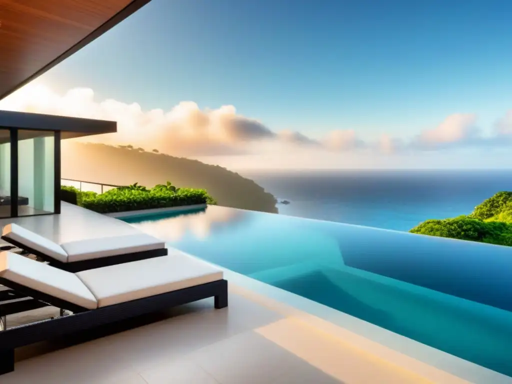 Villa de lujo con piscina infinita y vista al mar Rentas vacacionales de lujo: villa moderna con piscina infinita y vista al mar, rodeada de exuberante vegetación tropical
