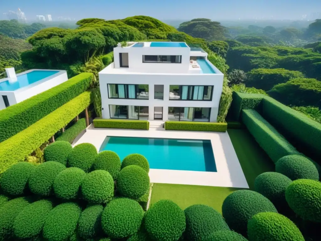 Propiedad de lujo: diseño moderno rodeado de exuberante naturaleza Residencia de alta gama rodeada de exuberante vegetación, piscina y jardines, reflejando lujo en gestión de propiedades de alta gama