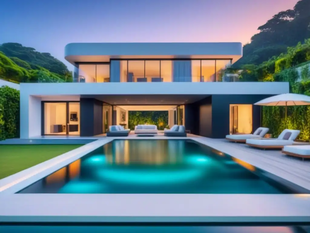 Hogar inteligente futurista con alta seguridad y confort Residencia futurista con seguridad avanzada y comodidades de lujo, mostrando la importancia de seguros vida propiedad inmobiliaria