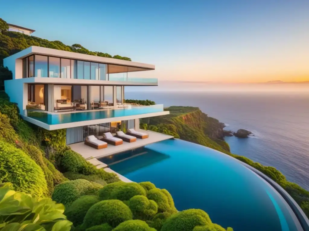 Residencia de lujo con vista al mar y piscina infinita Residencia de lujo en acantilado con piscina infinita privada y vistas al mar al atardecer
