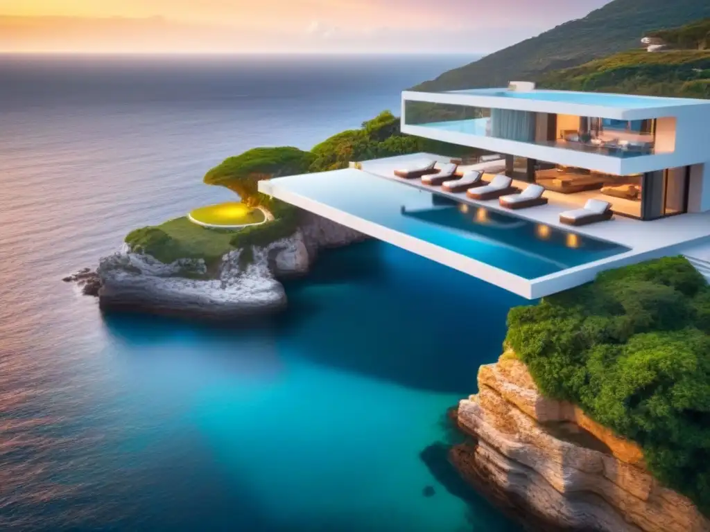 Mansión de lujo en acantilado con piscina infinita al atardecer Residencia de lujo en acantilado con piscina infinita y vista al mar al atardecer, inversión inteligente en propiedades de lujo