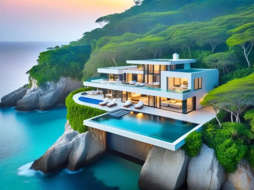 Residencia de lujo en acantilado con piscina infinita y helipuerto Residencia de lujo en acantilado con vista al mar y diseño moderno