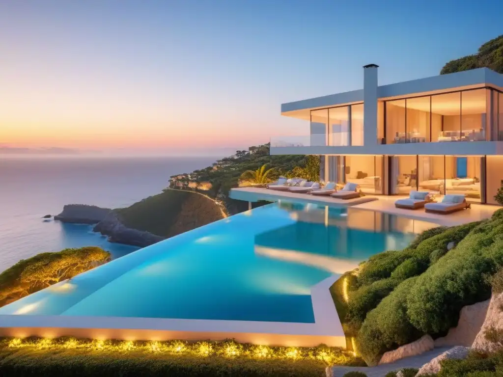 Residencia de lujo en acantilado con vista al mar: opulencia y exclusividad Residencia de lujo en acantilado con vista al mar, piscina infinita y paisajismo exuberante al atardecer