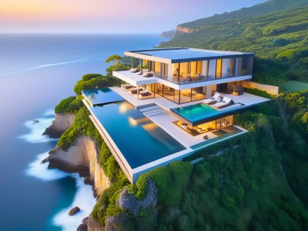 Villa de lujo con piscina infinita en acantilado junto al mar Residencia de lujo en acantilado con vistas al mar, diseño moderno y piscina infinita, rodeada de jardines elegantes al atardecer