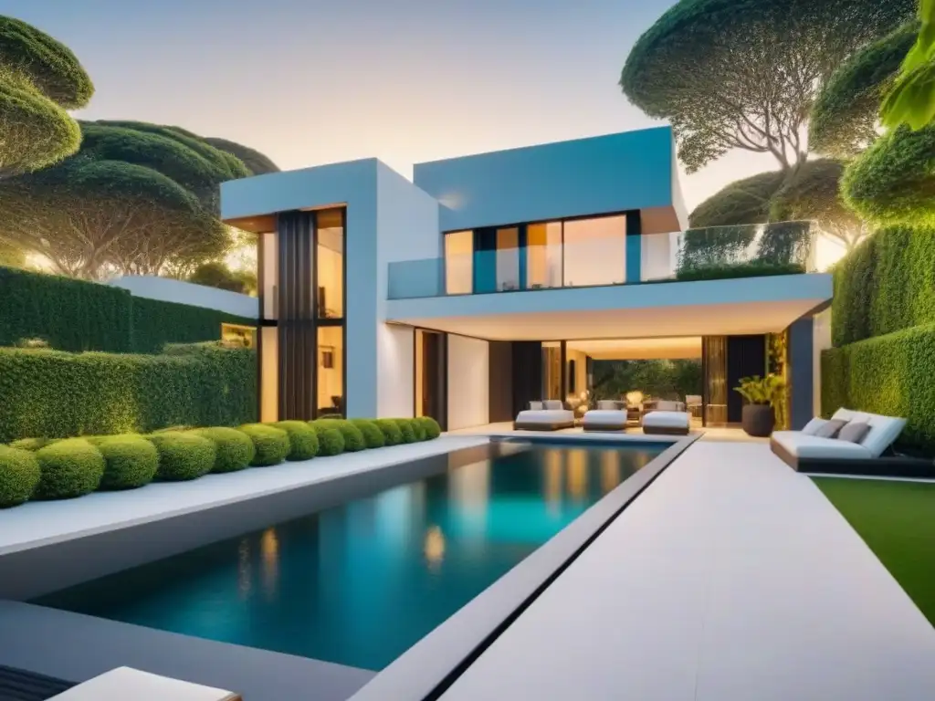 Mansión de lujo: diseño arquitectónico moderno en 8k Residencia de lujo con diseño arquitectónico moderno, jardín impecable y piscina serena, evocando exclusividad y beneficios fiscales refinanciamiento inmobiliario lujo