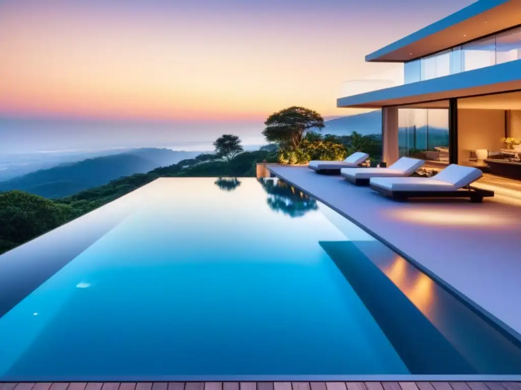 Residencia de lujo con piscina infinita y atardecer dorado Residencia de lujo con diseño arquitectónico moderno, piscina infinita y atardecer cálido