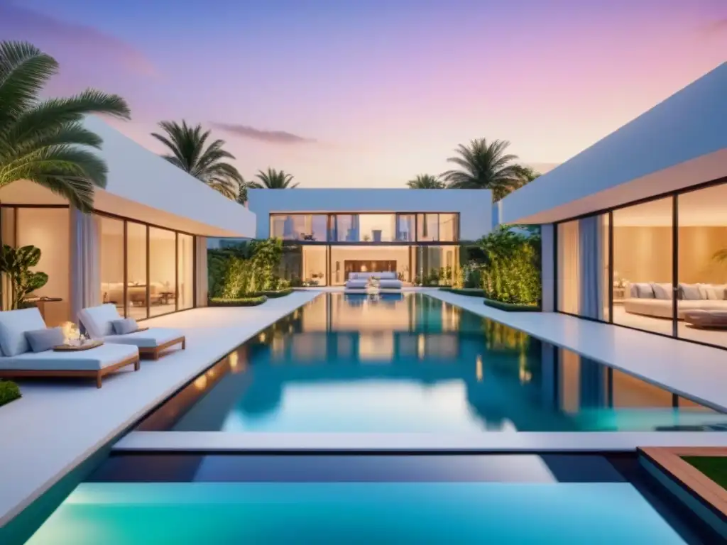 Propiedad de lujo al atardecer: arquitectura moderna en 8k Residencia de lujo al atardecer con arquitectura moderna y piscina, ideal para campañas publicitarias inmobiliarias de lujo