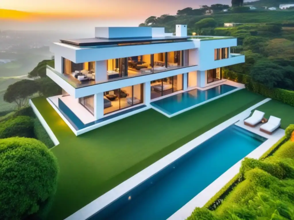 Mansión de lujo: vista aérea impactante con atardecer dorado Residencia de lujo en colina verde con jardín, piscina y diseño interior elegante al atardecer