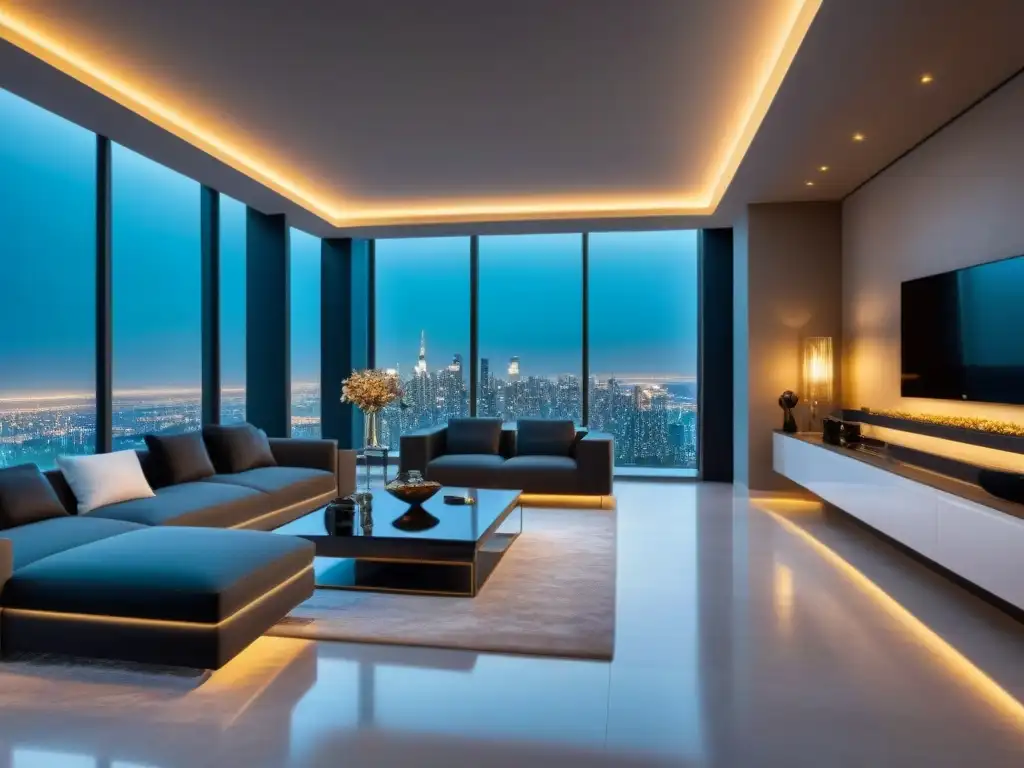 Penthouse de lujo con vista panorámica nocturna en la ciudad Residencia de lujo con diseño minimalista y vista panorámica de la ciudad de noche