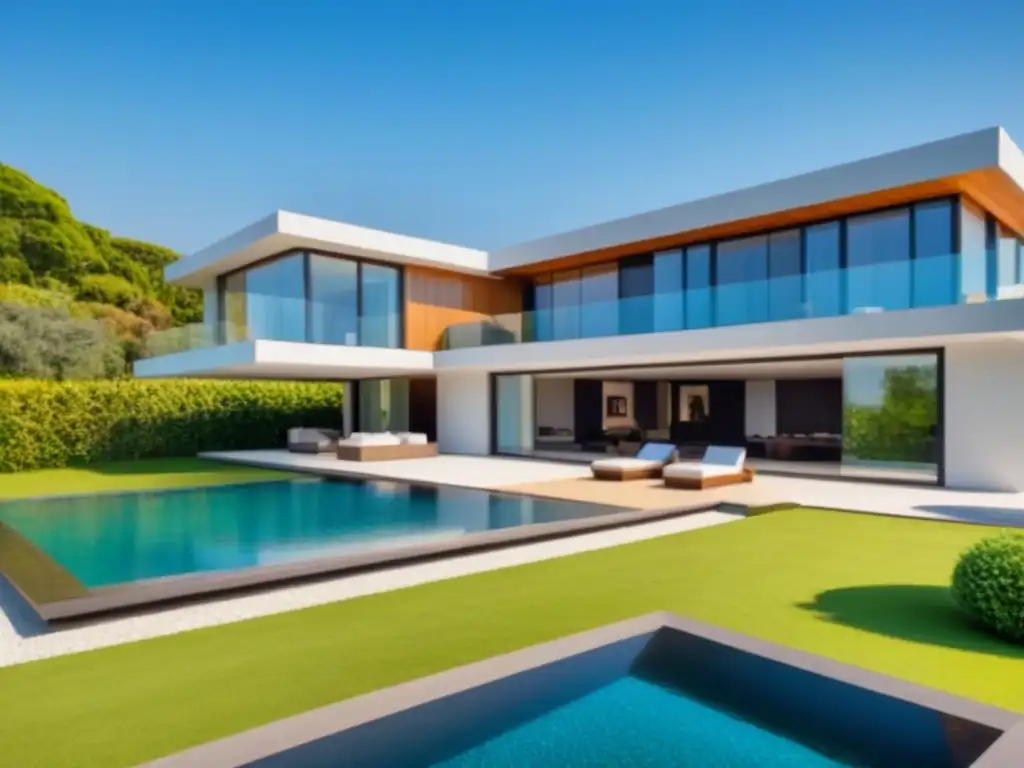 Mansión de lujo: arquitectura moderna, piscina y naturaleza Residencia de lujo con diseño moderno, amplias ventanas, piscina y vegetación exuberante bajo cielo azul