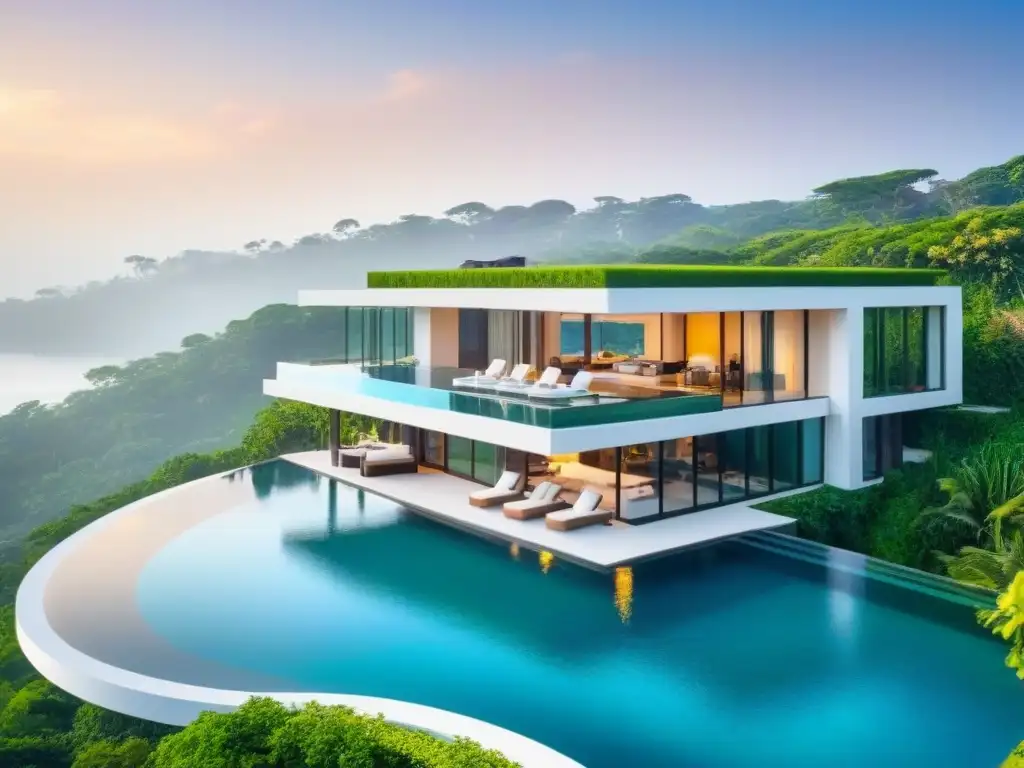 Mansión de lujo futurista en entorno natural Residencia de lujo futurista con paisaje exuberante y piscina infinita, reflejando el mercado propiedades lujo tendencias