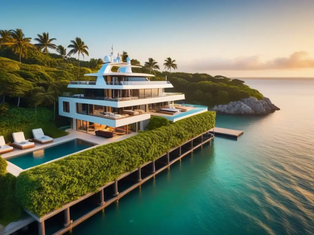Propiedad de lujo frente al mar al atardecer Residencia de lujo frente al mar con arquitectura moderna, piscina infinita y yate privado al atardecer