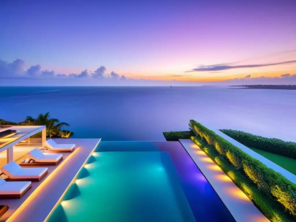 Residencia de lujo frente al mar al atardecer: arquitectura moderna y sofisticación Residencia de lujo frente al mar al atardecer con diseño interior elegante y exclusiva piscina infinita