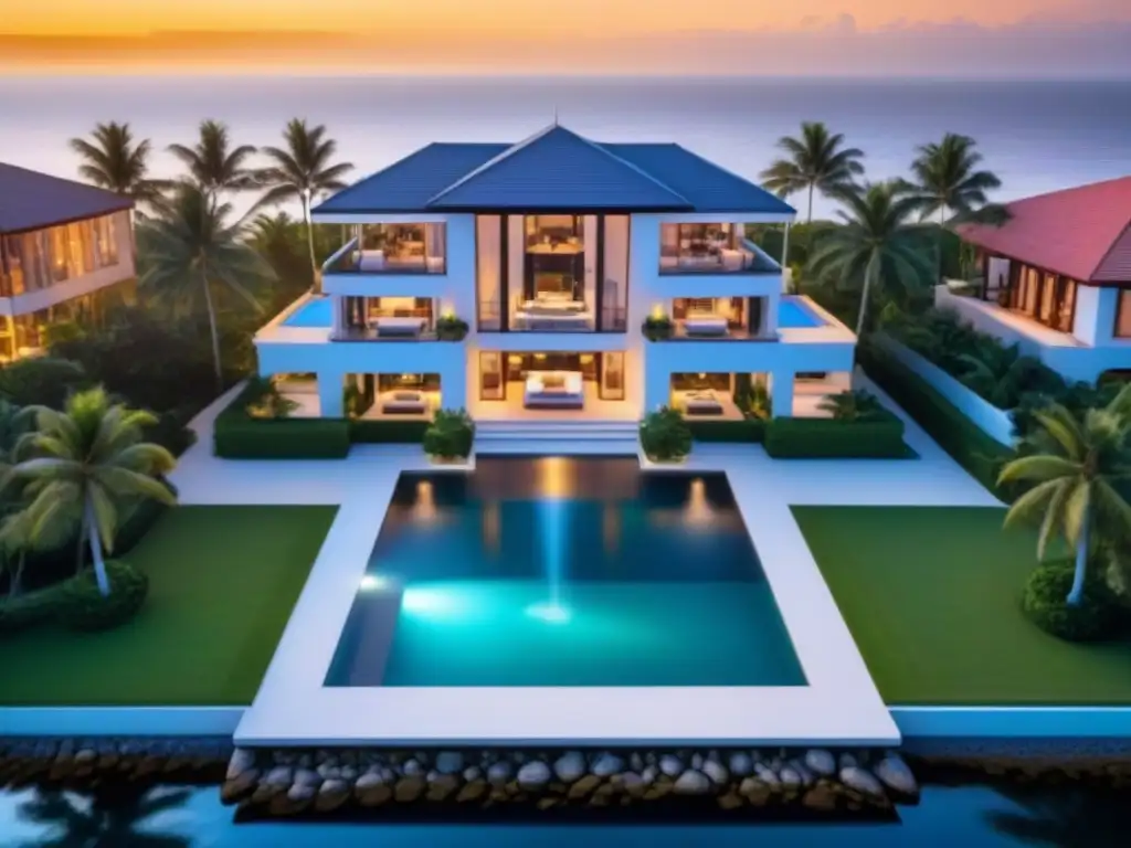 Residencia de lujo frente al mar al atardecer: diseño moderno y elegante Residencia de lujo frente al mar al atardecer, con diseño moderno, piscina infinita y jardines exquisitos