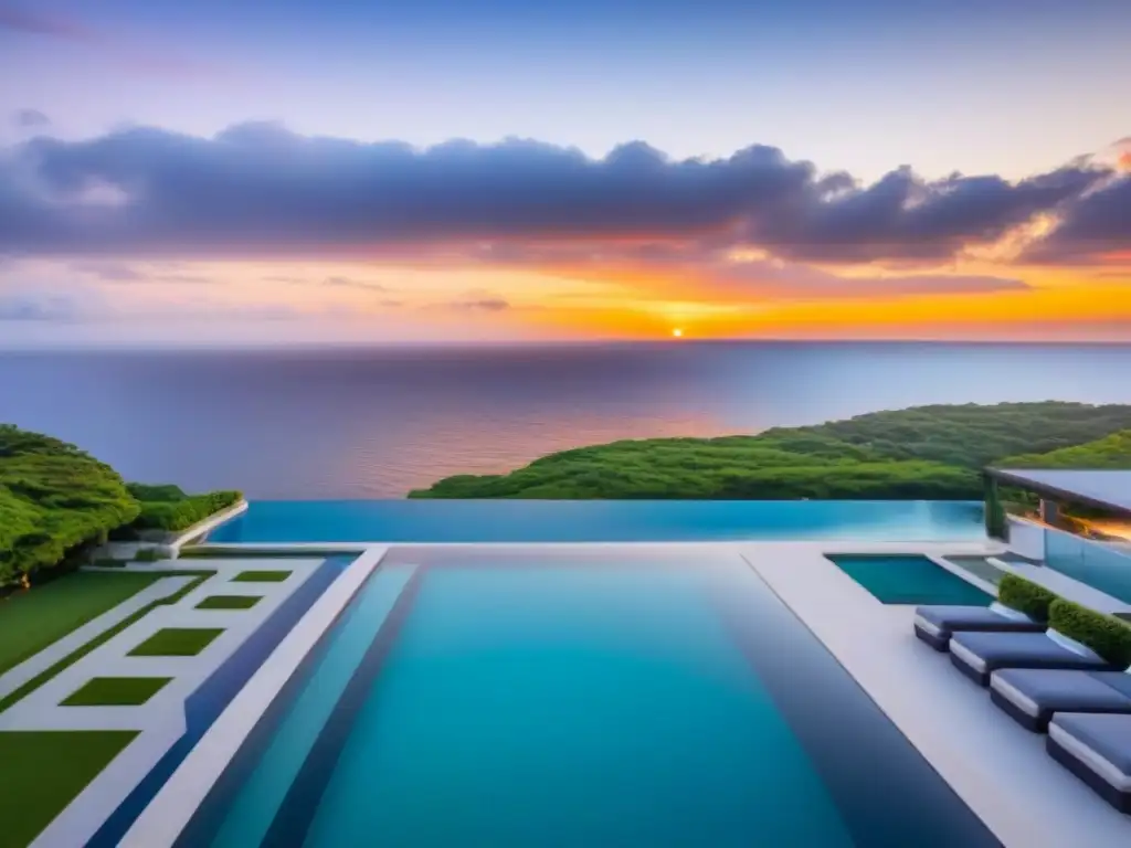 Mansión de lujo frente al mar al atardecer Residencia de lujo frente al mar con diseño moderno y piscina infinita al atardecer