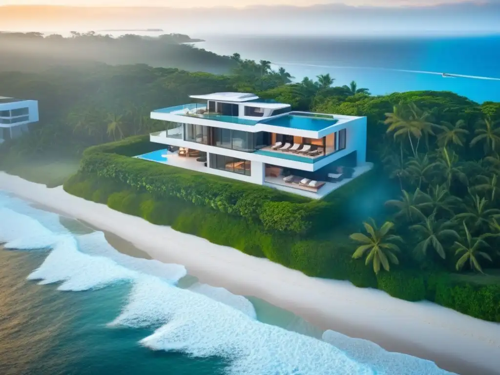 Residencia de lujo frente al mar, moderna y elegante, rodeada de exuberante vegetación y con vista al océano, bajo un cielo azul