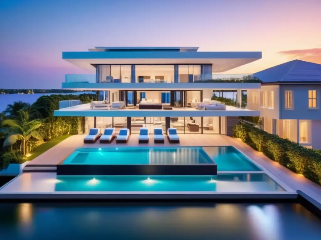 Mansión de lujo frente al mar: exclusividad y opulencia al atardecer Residencia de lujo frente al mar con piscina y muelle privado al atardecer