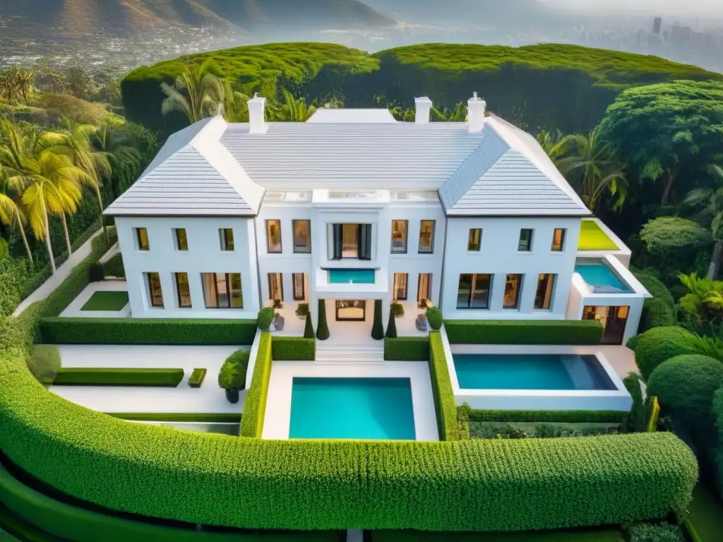 Residencia de lujo: mansion de celebridad rodeada de seguridad y elegancia Residencia de lujo con máxima privacidad en gestión de propiedades de famosos, rodeada de exuberante vegetación y elegancia moderna