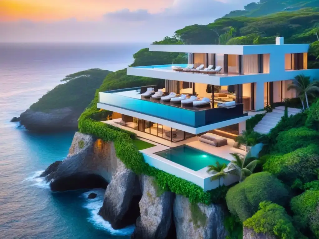Residencia de lujo en acantilado con piscina infinita Residencia de lujo moderna en acantilado con piscina infinita privada, rodeada de naturaleza y vista al mar al atardecer