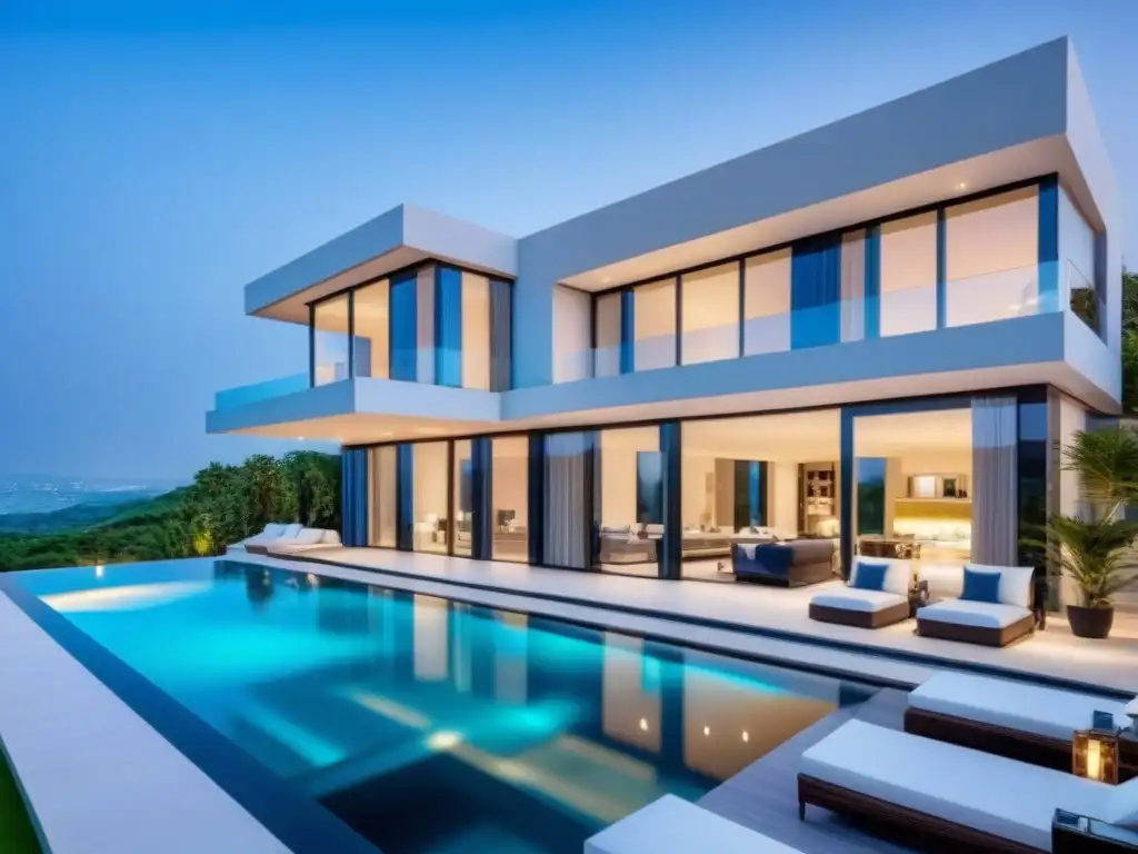Mansión de lujo con diseño arquitectónico moderno y vista panorámica Residencia de lujo moderna con diseño arquitectónico elegante y amplias ventanas panorámicas