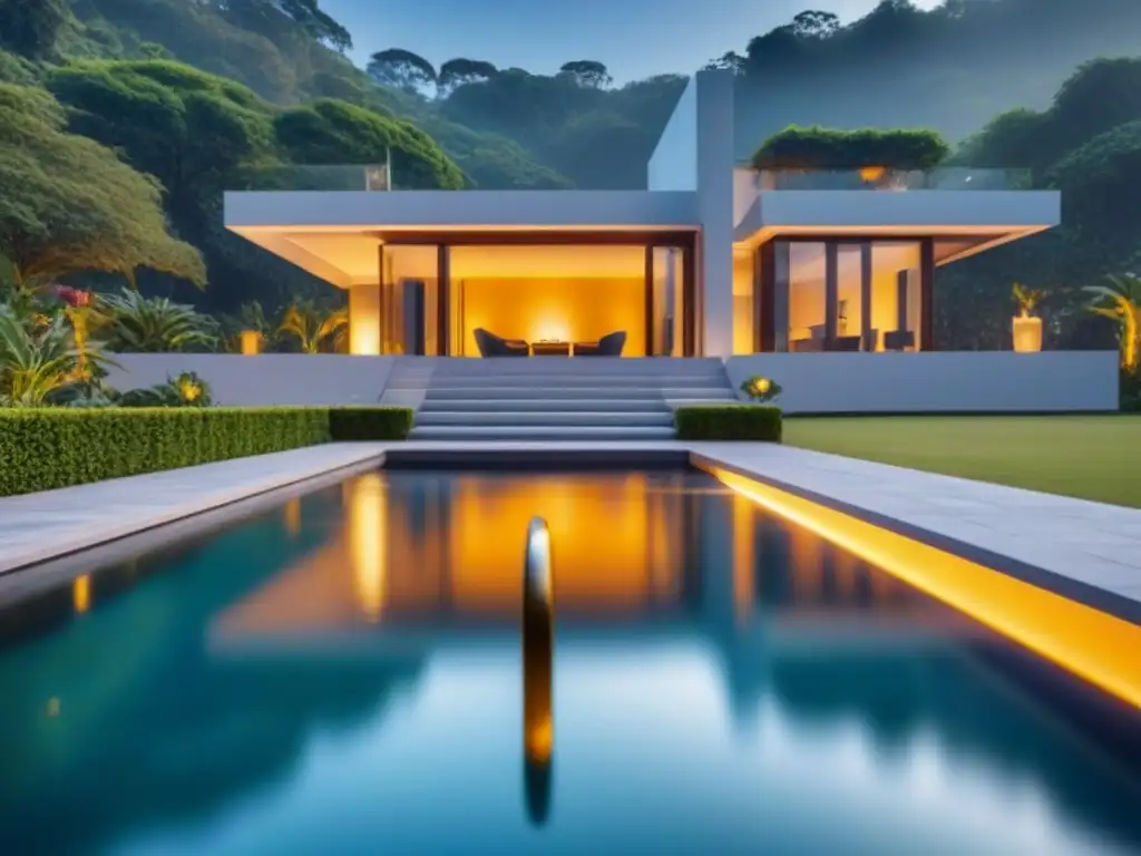 Mansión de lujo: arquitectura moderna y exuberante entorno Residencia de lujo moderna con diseño arquitectónico elegante y piscina infinita, rodeada de exuberante vegetación bajo la luz dorada del sol