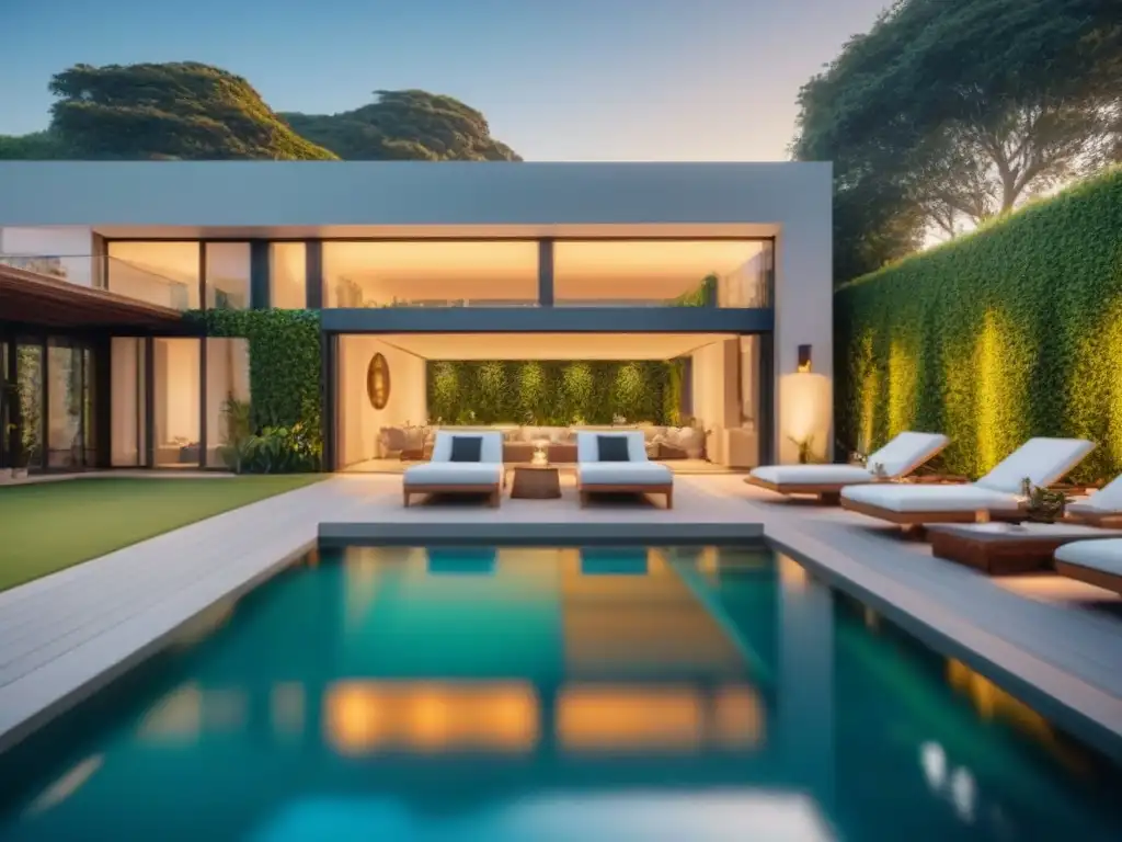 Propiedad de lujo contemporánea en entorno exuberante Residencia de lujo moderna rodeada de vegetación, con piscina y mobiliario elegante, bañada por la cálida luz dorada del atardecer
