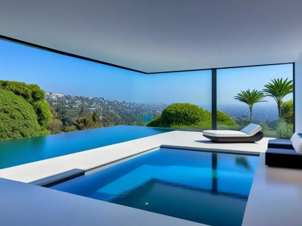 Mansión de lujo en Beverly Hills: arquitectura contemporánea y elegante con piscina infinita y exuberante vegetación Residencia de lujo en Beverly Hills con piscina infinita, rodeada de exuberante vegetación