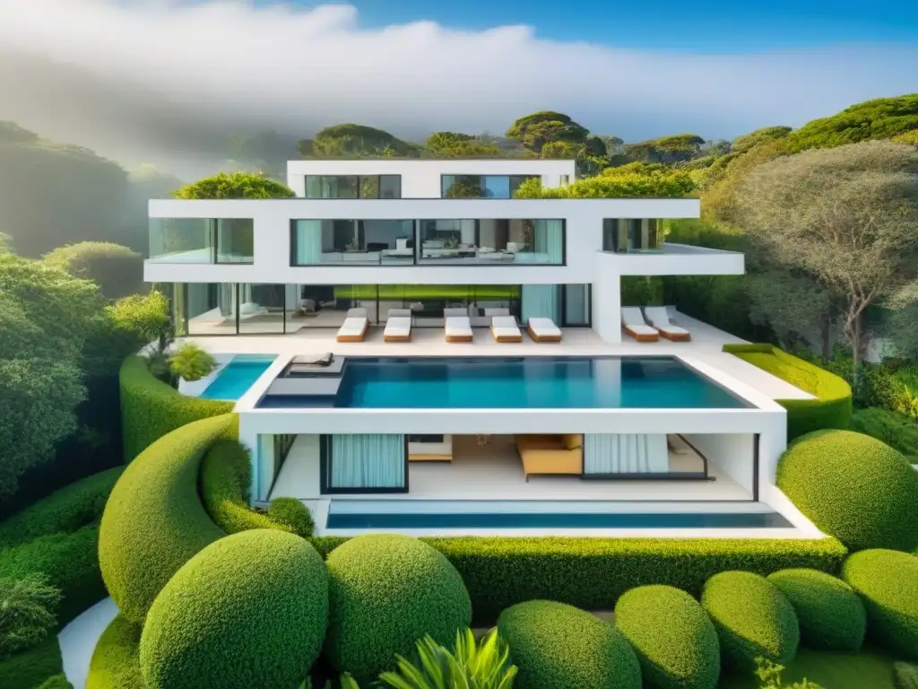 Mansión de lujo con piscina y jardines exuberantes Residencia de lujo con piscina reluciente, rodeada de vegetación exuberante y detalles arquitectónicos contemporáneos
