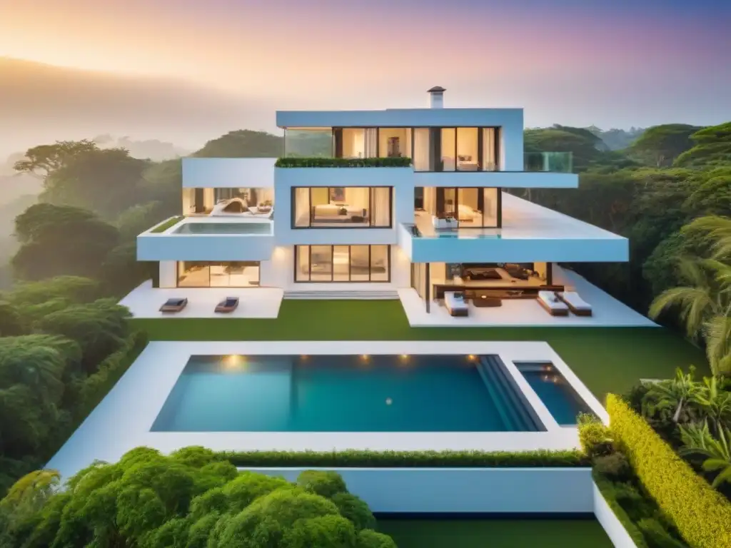 Residencia de lujo en medio de exuberante naturaleza al atardecer Residencia de lujo con piscina, rodeada de vegetación exuberante al atardecer