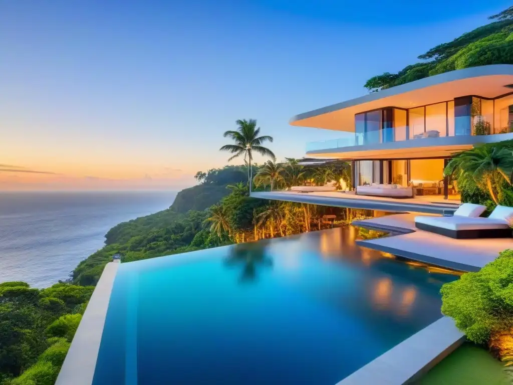 Residencia de lujo con piscina infinita en acantilado frente al mar Residencia de lujo con privacidad en gestión de propiedades, piscina infinita y helipuerto en acantilado con vistas al océano al atardecer
