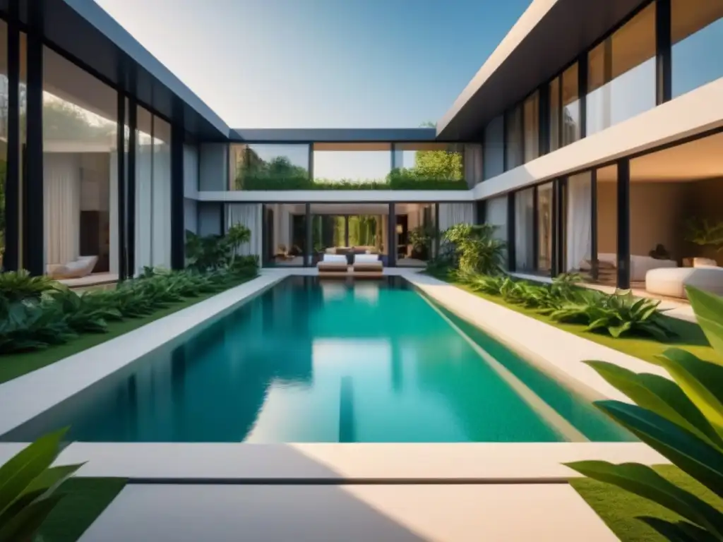 Resplandeciente mansión de lujo con piscina y jardín exótico en luz dorada Residencia de lujo refinanciable con diseño moderno, piscina y jardín exuberante bajo la luz dorada del sol